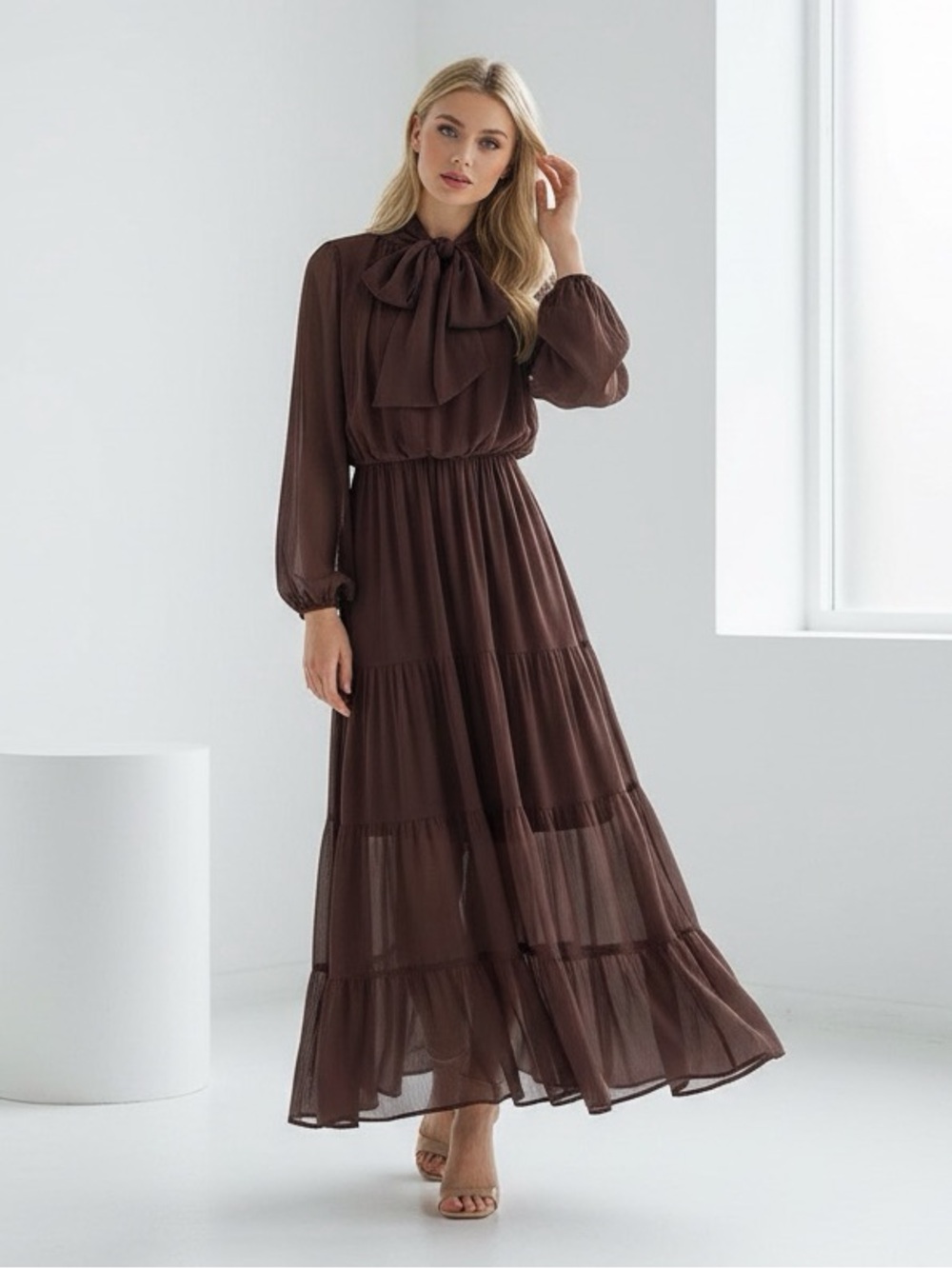 Commense Chiffon Bow Long Sleeve Maxi Dress